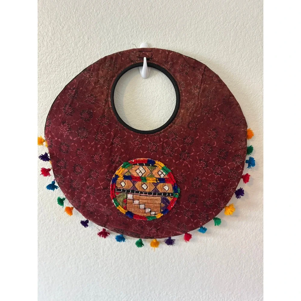 Boho‎ Banjara Embroidered Round Tote Bag Tassel Patchwork Circular Hobo Multi